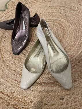 Manolo Blahnik Quilted Pointed-Toe Flats in Cream and Bronze
